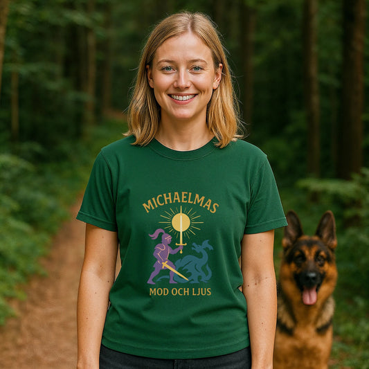 Michaelmas Mod Ljus 100% Organic Cotton T-Shirt green graphic tee front view, model outdoors on forest trail