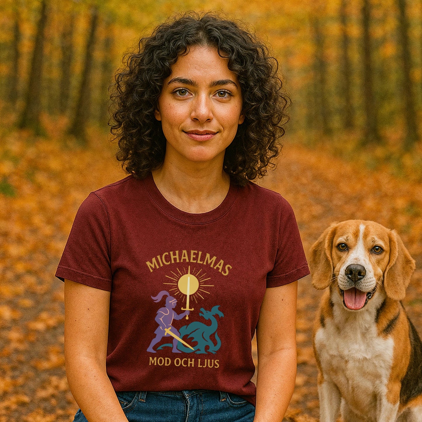 Alt Tag: Michaelmas Mod Ljus 100% Organic Cotton T-Shirt for women, burgundy graphic tee worn outdoors in autumn forest with dog