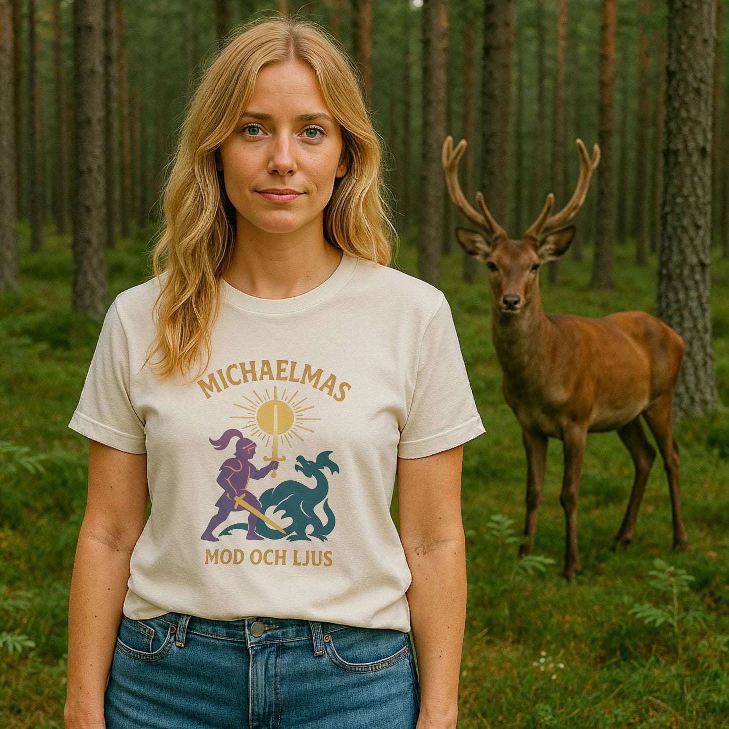 Alt Tag: Michaelmas Mod Ljus 100% Organic Cotton T-Shirt worn by woman in forest, front graphic visible, deer in background