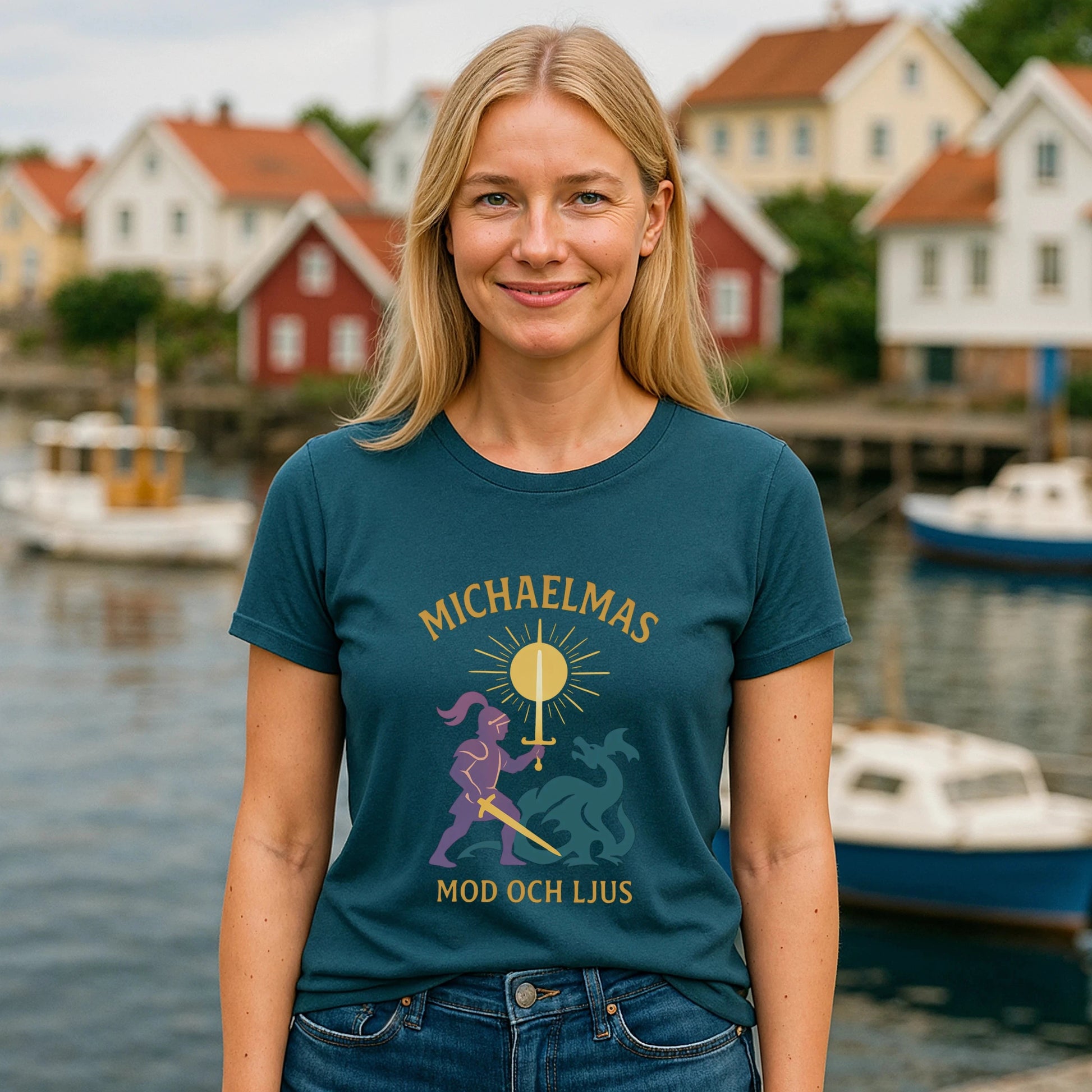 Alt Tag: Michaelmas Mod Ljus 100% Organic Cotton T-Shirt worn by woman, front graphic print, crew neck, short sleeves