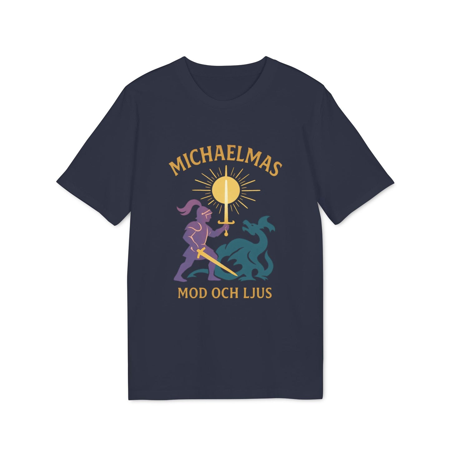 Michaelmas Mod Ljus 100% Organic Cotton T-Shirt navy graphic tee with Michaelmas sun emblem and MOD OCH LJUS text