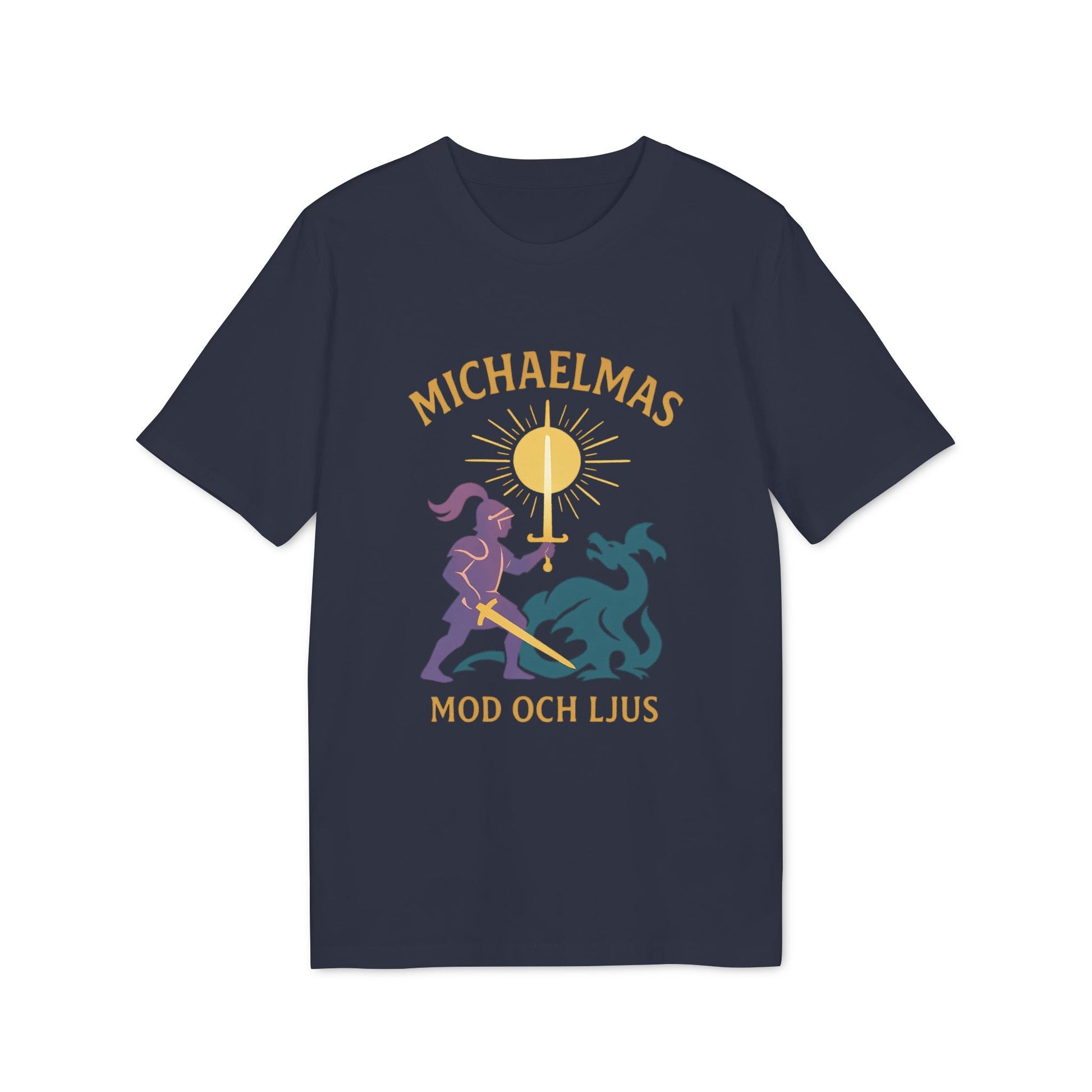 Michaelmas Mod Ljus 100% Organic Cotton T-Shirt navy graphic tee with Michaelmas sun emblem and MOD OCH LJUS text