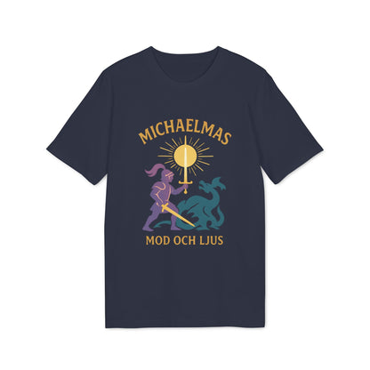 Michaelmas Mod Ljus 100% Organic Cotton T-Shirt navy graphic tee with Michaelmas sun emblem and MOD OCH LJUS text