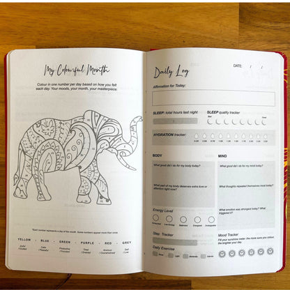 Midnight Blue Journal – Silver Zodiac, 120 Pages open to daily log spread with affirmation, sleep quality tracker, hydration tracker and mindful prompts