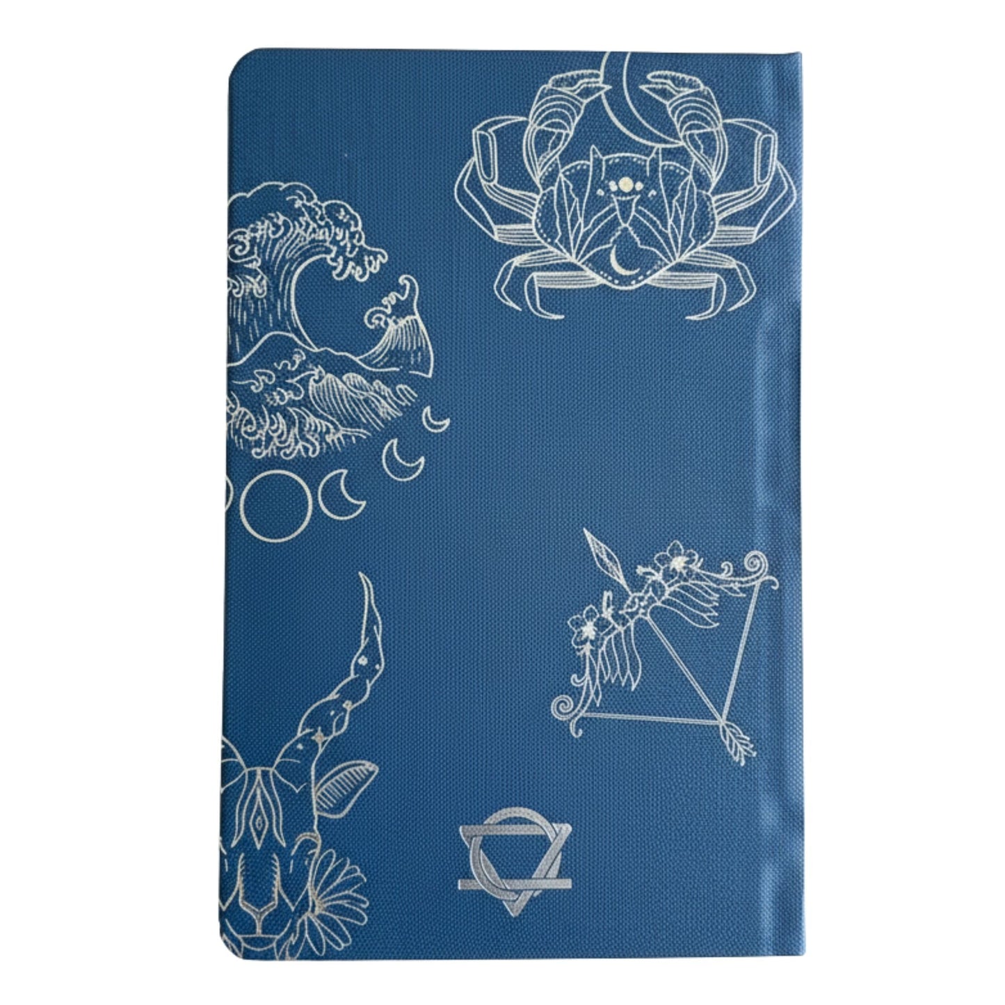 Alt Tag: Midnight Blue Journal – Silver Zodiac, 120 Pages cuaderno azul medianoche con tapa de zodiaco plateado y diseño celestial