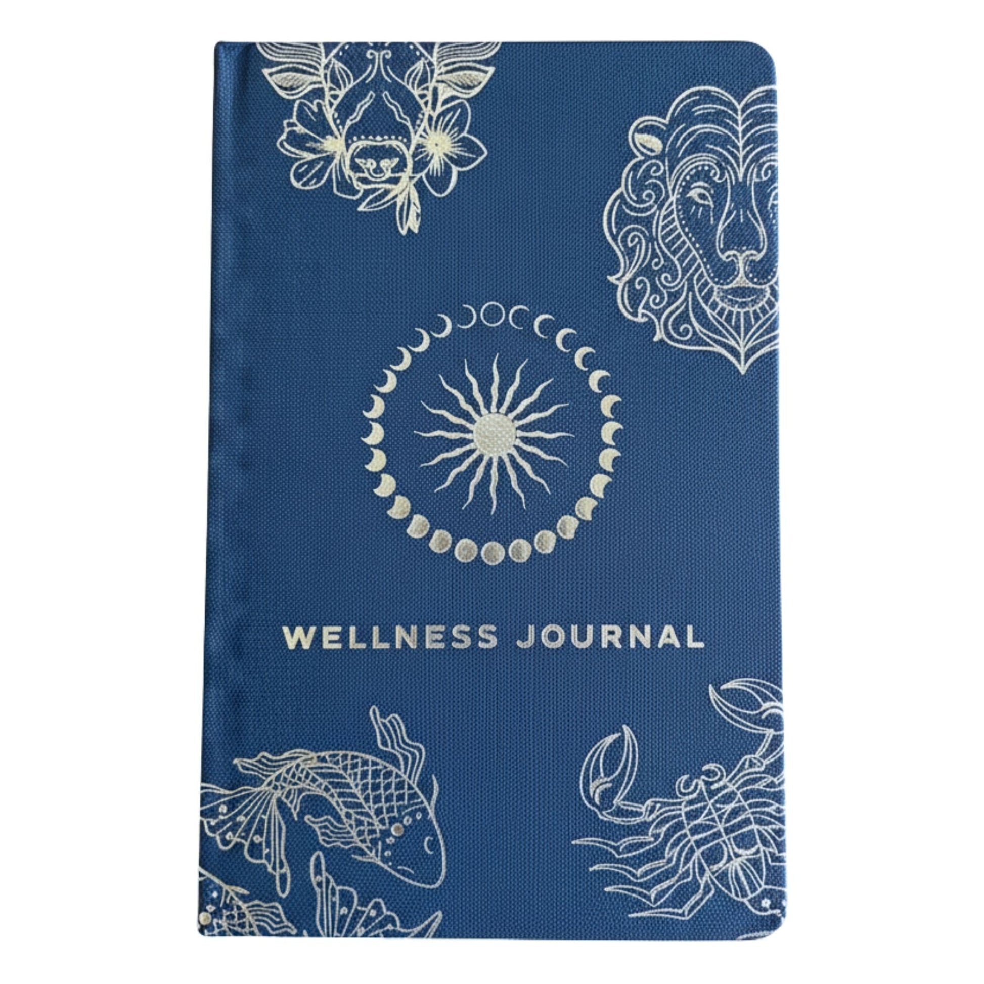 Midnight Blue Journal – Silver Zodiac, 120 Pages midnight blue wellness journal with silver zodiac illustrations on cover