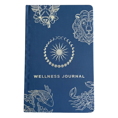 Midnight Blue Journal – Silver Zodiac, 120 Pages midnight blue wellness journal with silver zodiac illustrations on cover