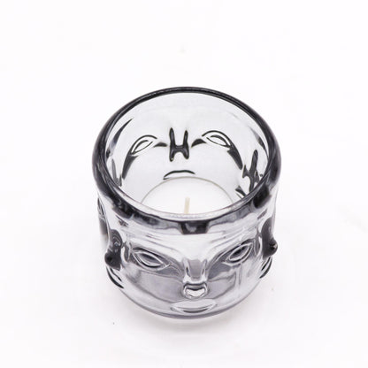 Alt Tag: Midnight Grey Buddha Candle Jar Set – 6.8x7.3 CM pressed glass Buddha face candle holder jar, top view