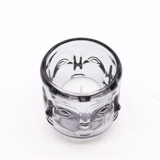 Alt Tag: Midnight Grey Buddha Candle Jar Set – 6.8x7.3 CM pressed glass Buddha face candle holder jar, top view