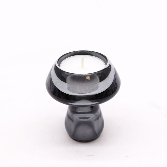 Midnight Grey Glass Candle Holders – 6.2x7 CM Set, pressed glass holder with white candle on white background