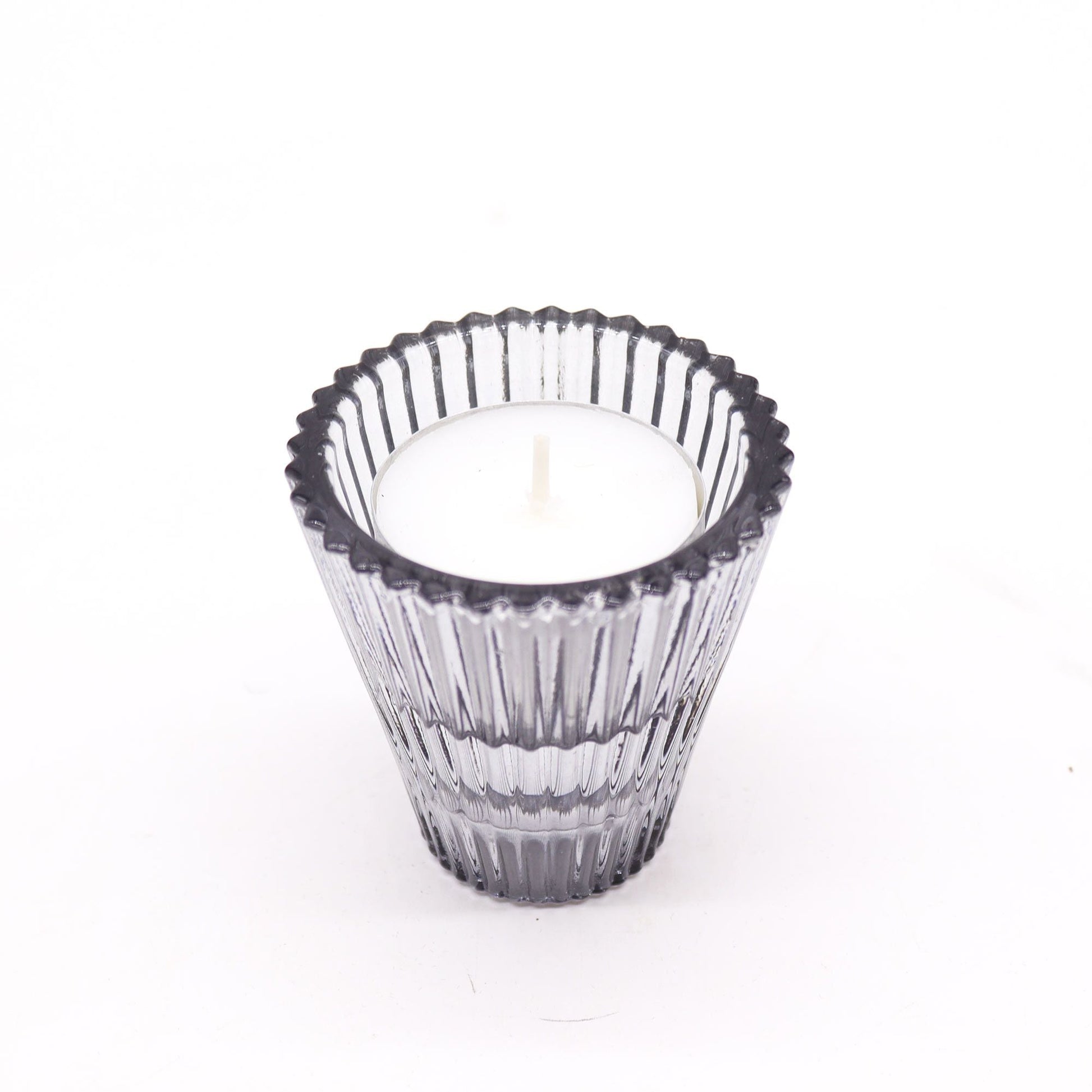 Midnight Grey Glass Candle Holder Set – 6x6 CM pressed glass candle holder with ribbed texture, grey finish, holding a white candle