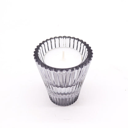 Midnight Grey Glass Candle Holder Set – 6x6 CM pressed glass candle holder with ribbed texture, grey finish, holding a white candle