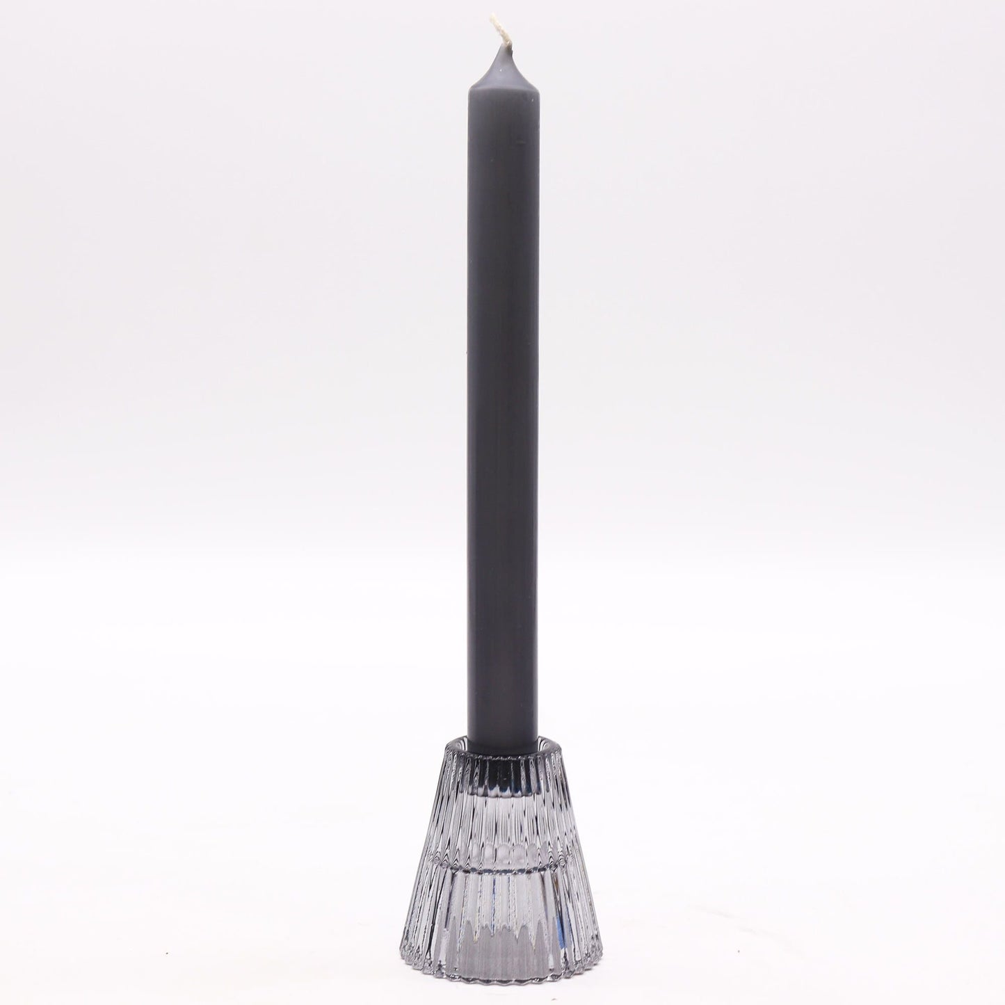 Midnight Grey Glass Candle Holder Set – 6x6 CM with ribbed pressed glass holder and tall grey taper candle