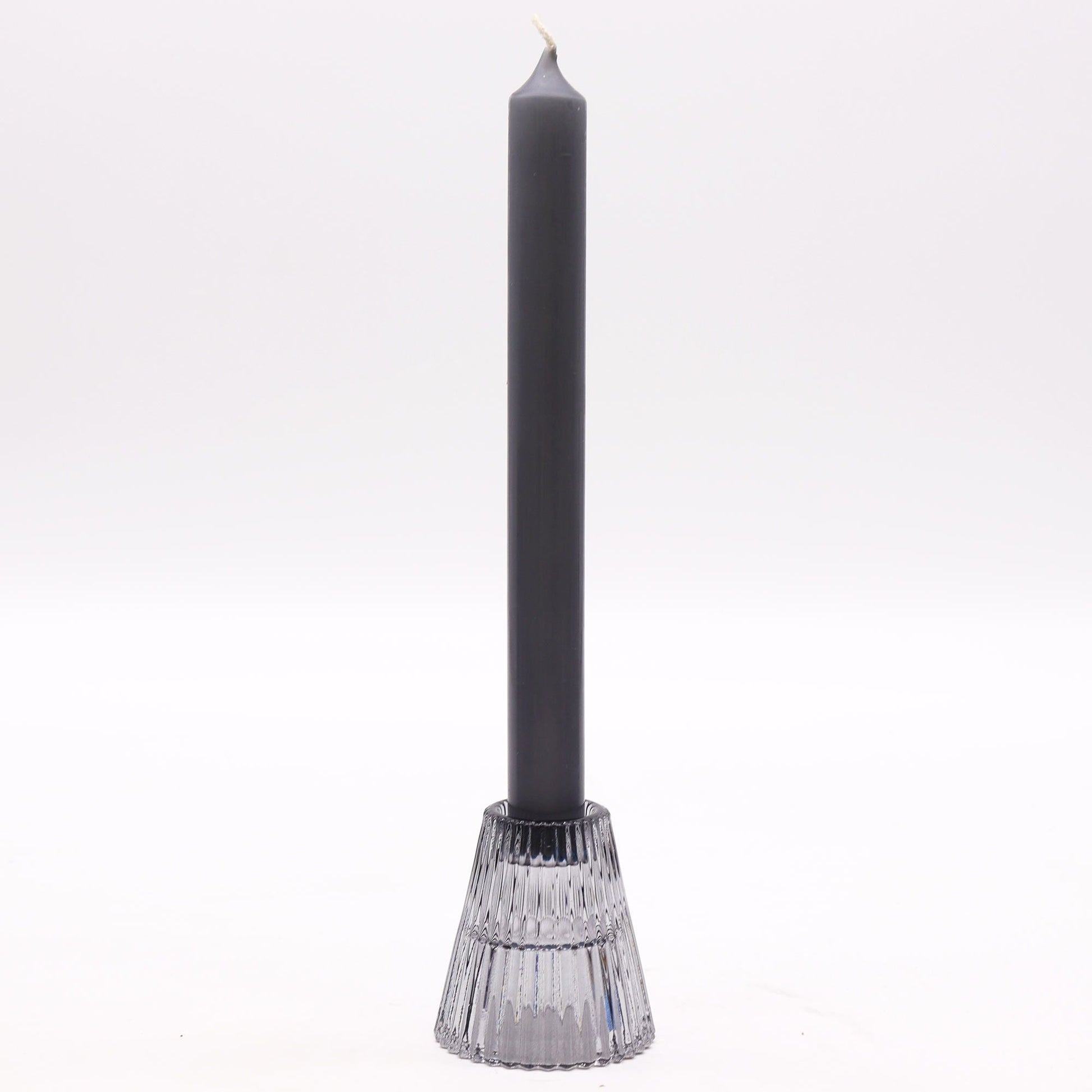 Midnight Grey Glass Candle Holder Set – 6x6 CM with ribbed pressed glass holder and tall grey taper candle