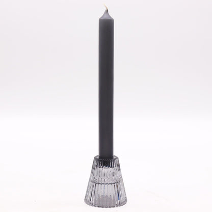 Midnight Grey Glass Candle Holder Set – 6x6 CM with ribbed pressed glass holder and tall grey taper candle