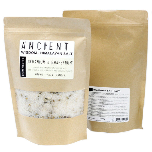 Alt Tag: Sal de baño del Himalaya enriquecida con minerales – 500G Skin Revive, sal de baño del Himalaya con aceites de geranio y pomelo en bolsa resellable de 500 g