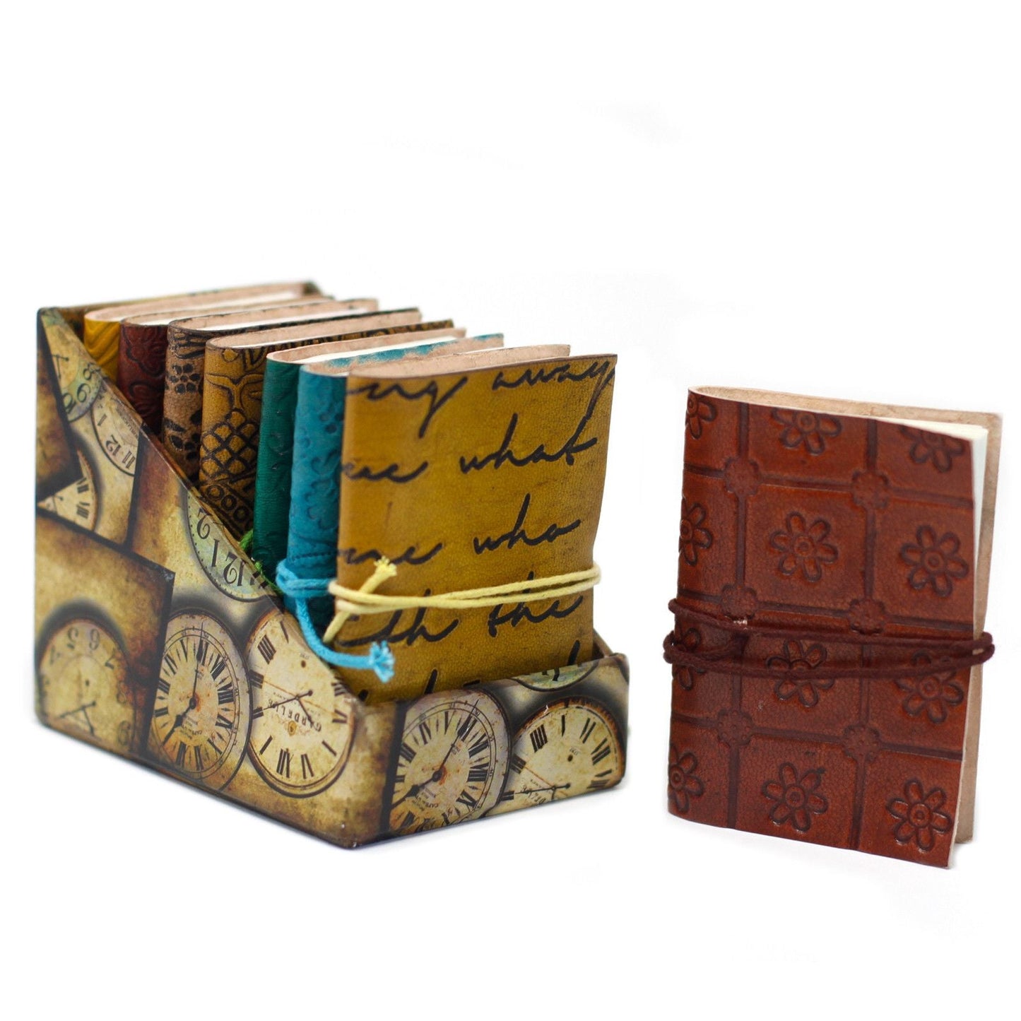 Mini Assorted Leather Notebook – 10 × 7.5 CM (1 Piece), handcrafted pocket journal set with assorted leather covers and elastic closure