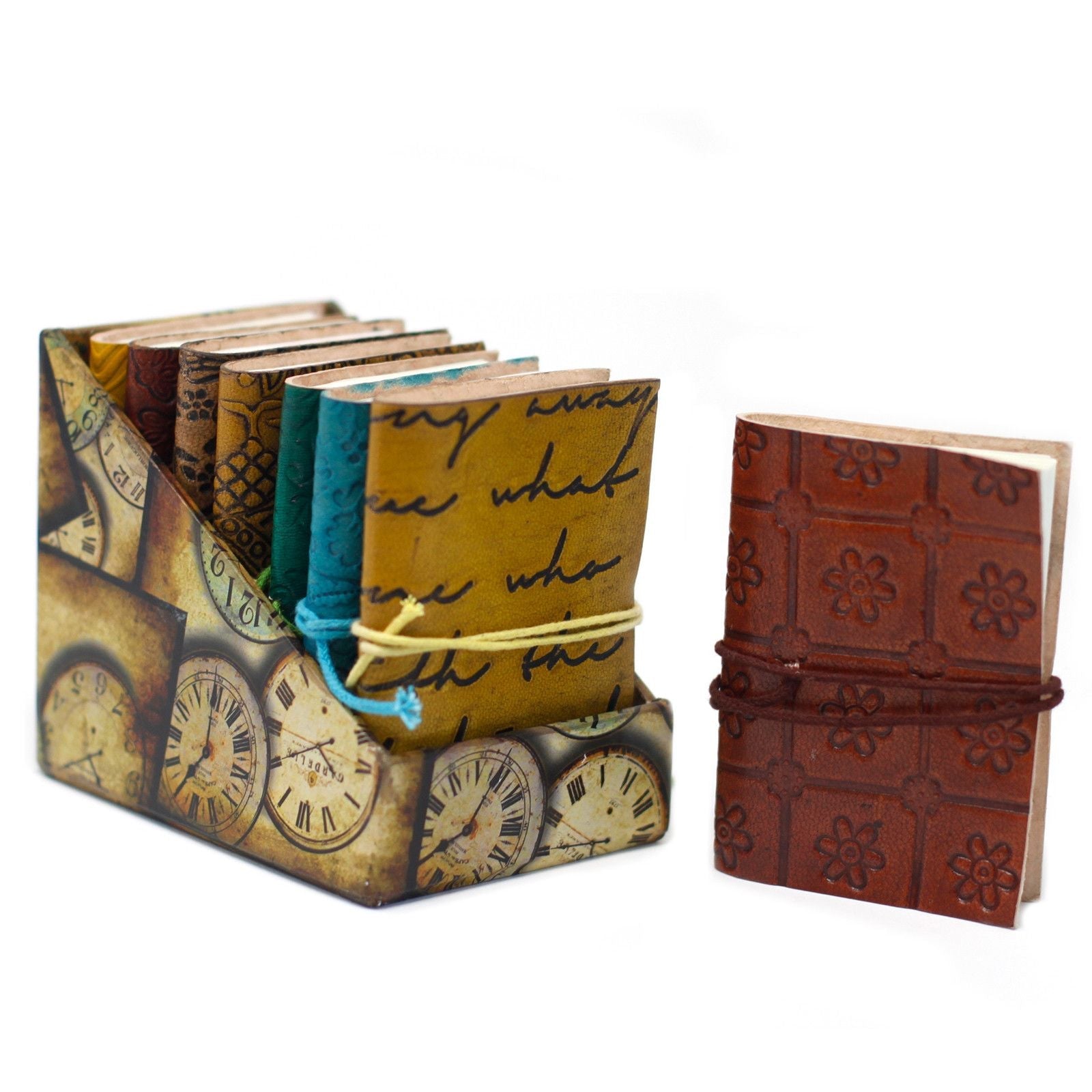 Mini Assorted Leather Notebook – 10 × 7.5 CM (1 Piece), handcrafted pocket journal set with assorted leather covers and elastic closure