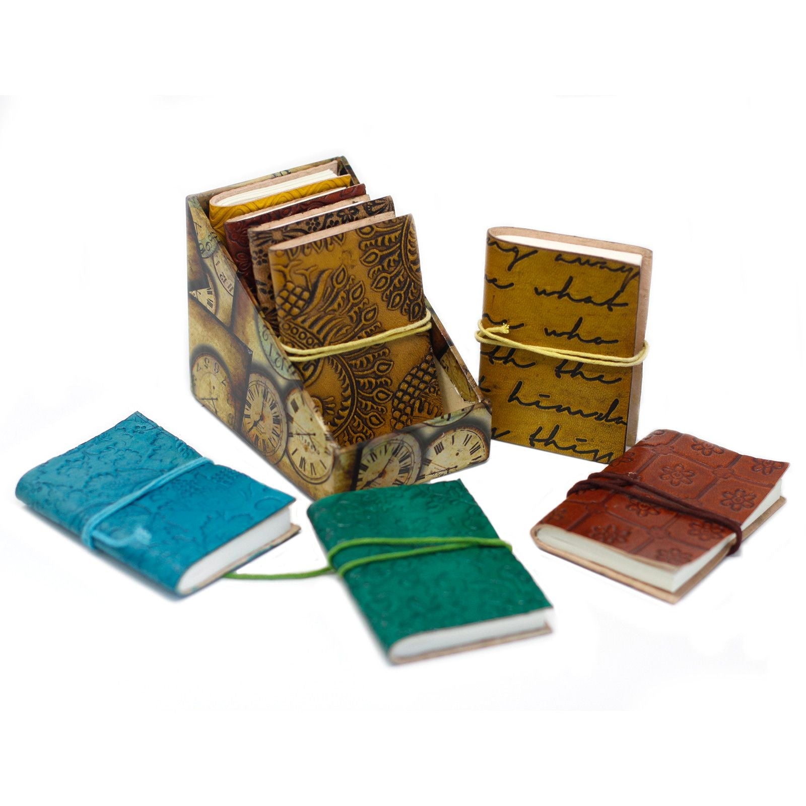 Mini Assorted Leather Notebook – 10 × 7.5 CM (1 Piece), assorted genuine leather mini pocket journals in mixed colours with elastic band closure