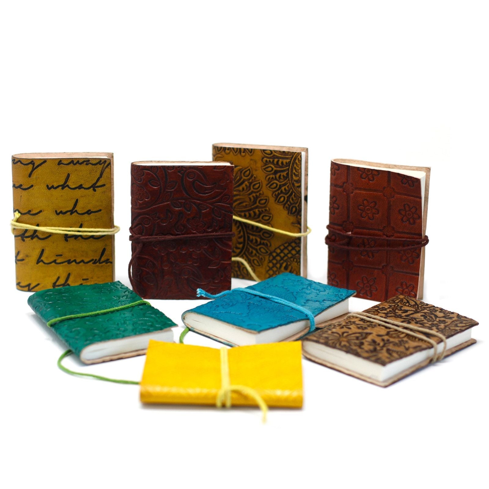 Mini Assorted Leather Notebook – 10 × 7.5 CM (1 Piece), assorted handcrafted leather pocket journals in mixed colours and embossed designs