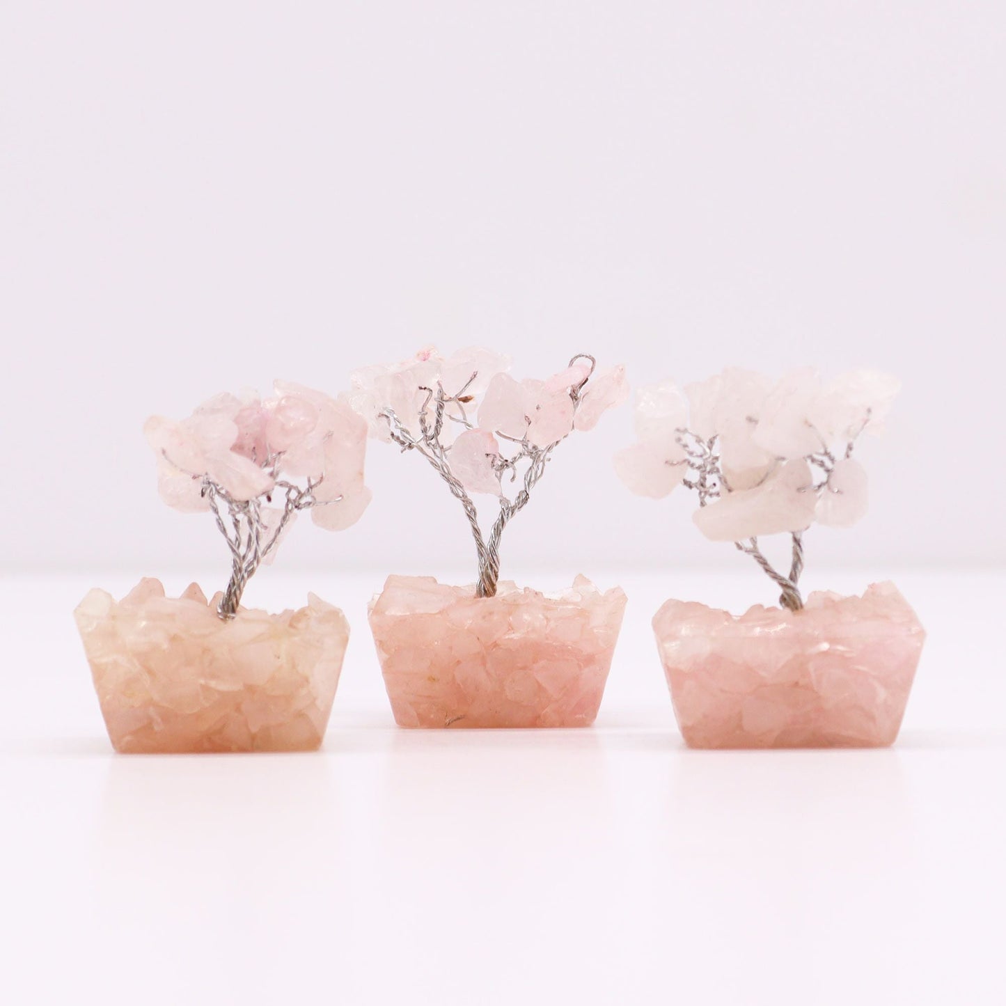 Rose Quartz Gemstone Tree – Mini, 5CM Height, genuine rose quartz chipstone gemstone tree with wire branches on crystal base