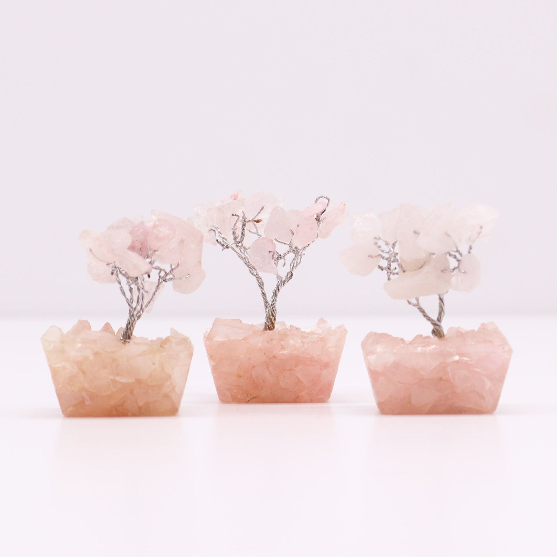 Rose Quartz Gemstone Tree – Mini, 5CM Height, genuine rose quartz chipstone gemstone tree with wire branches on crystal base