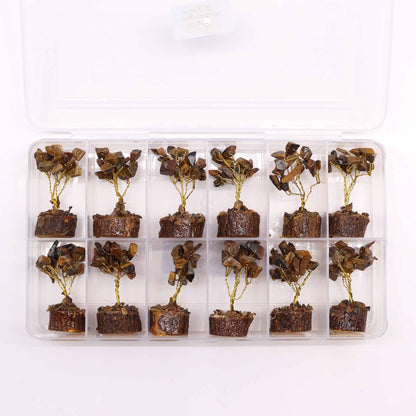Tiger Eye Gemstone Tree – 15 Sparkling Stones mini gemstone tree set in plastic organizer box, brown tiger eye chipstone branches