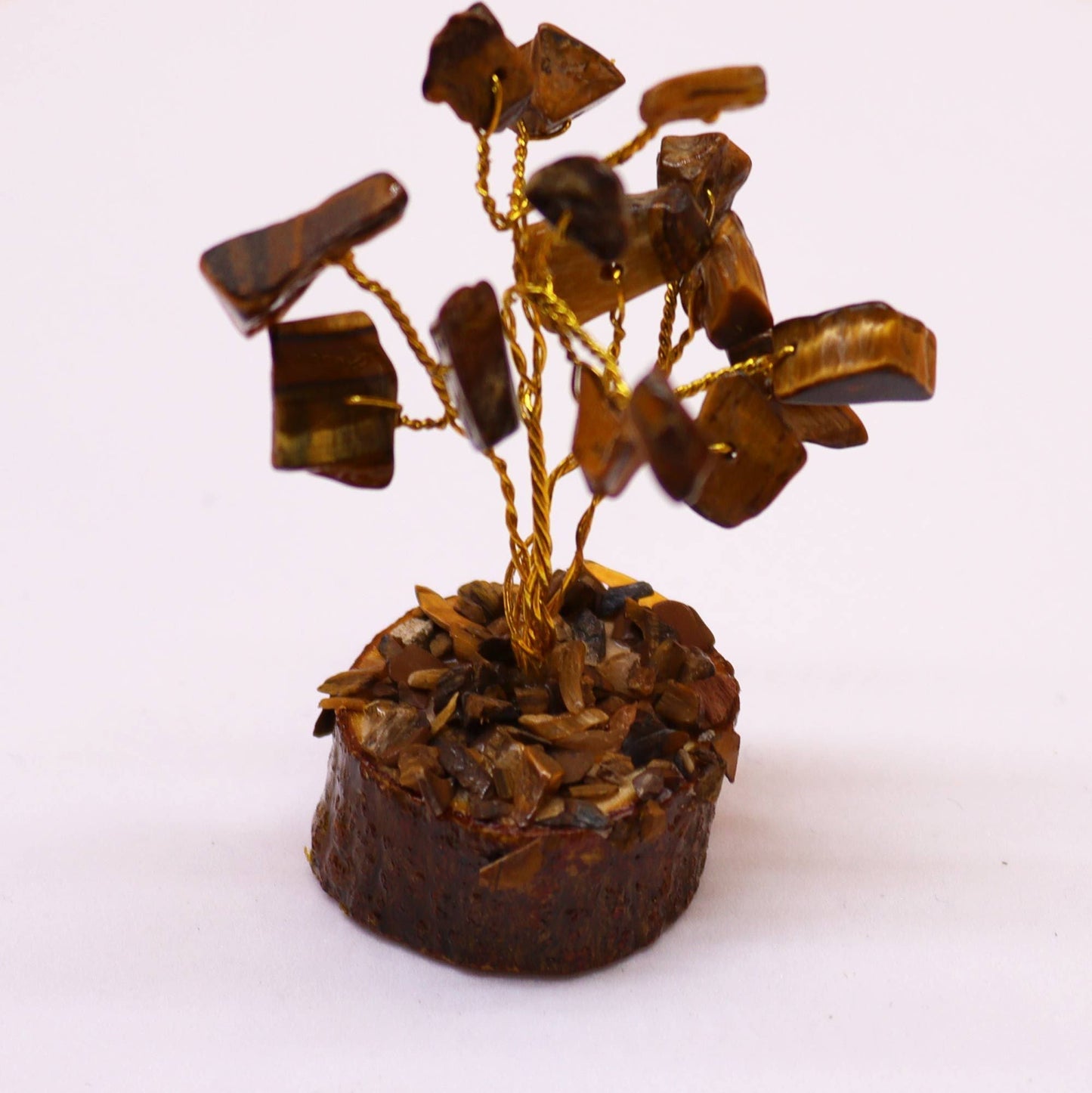 Alt Tag: Tiger Eye Gemstone Tree – 15 Sparkling Stones mini gemstone tree decor with tiger eye chipstones on orgonite base, 6 cm