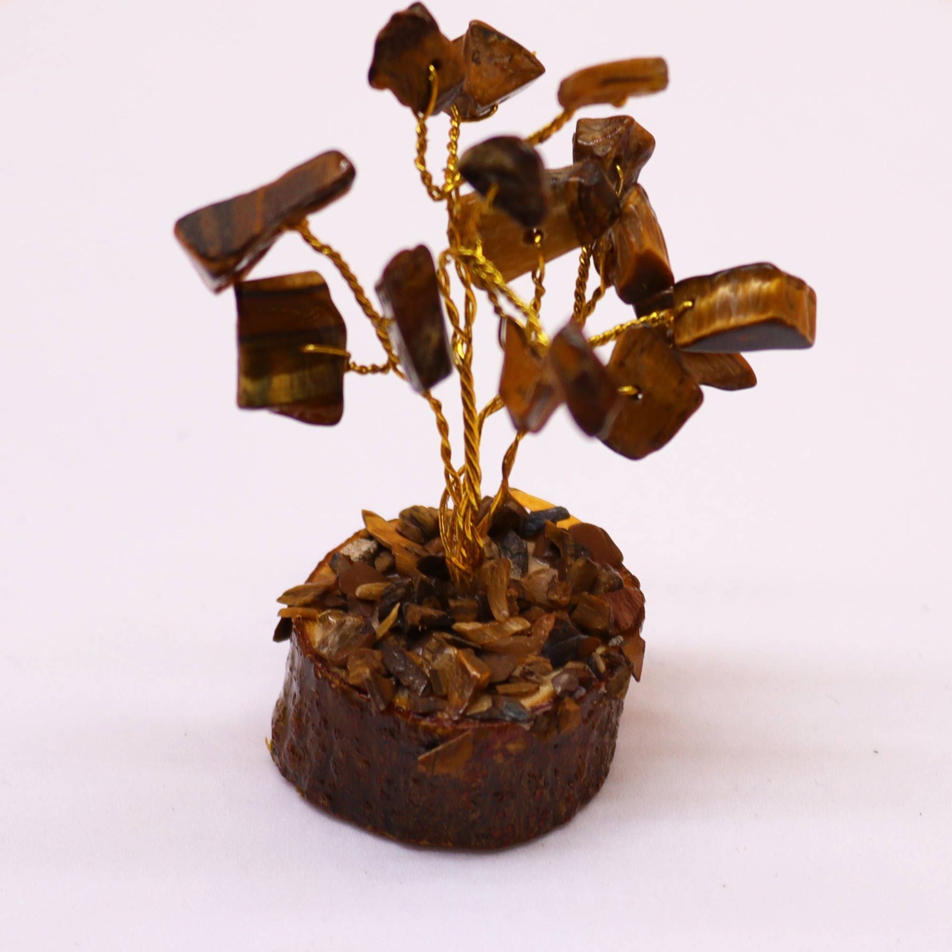 Alt Tag: Tiger Eye Gemstone Tree – 15 Sparkling Stones mini gemstone tree decor with tiger eye chipstones on orgonite base, 6 cm