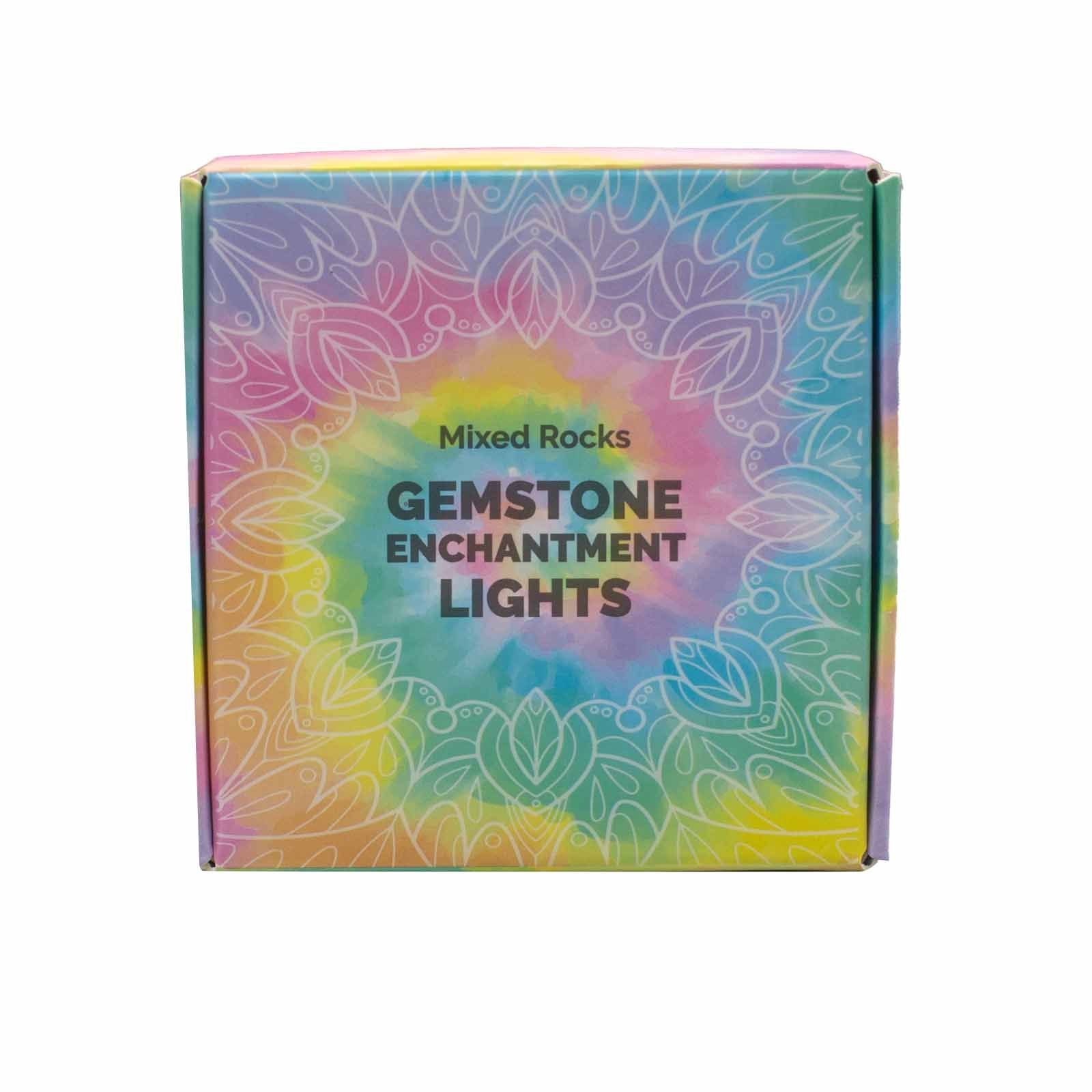 Alt Tag: Mixed Rocks Gemstone Enchantment Lights – Decorative String caja de producto multicolor con texto "Gemstone Enchantment Lights"
