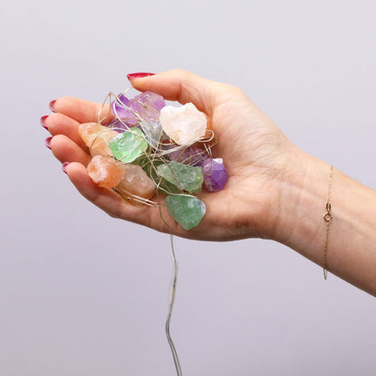 Mixed Rocks Gemstone Enchantment Lights – Decorative String with colorful natural gemstone pieces on wire held in hand