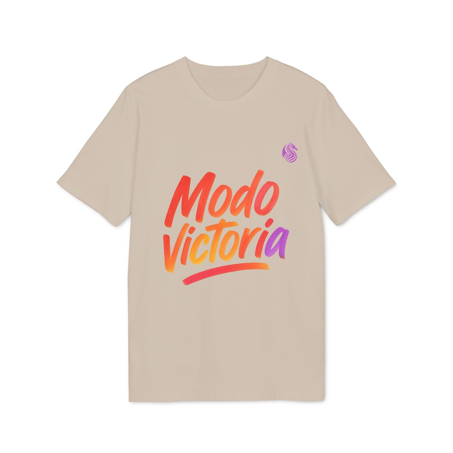 Modo Victoria Teenager Drix Premium Unisex T-Shirt beige con estampado “Modo Victoria” en degradado naranja y rojo, manga corta