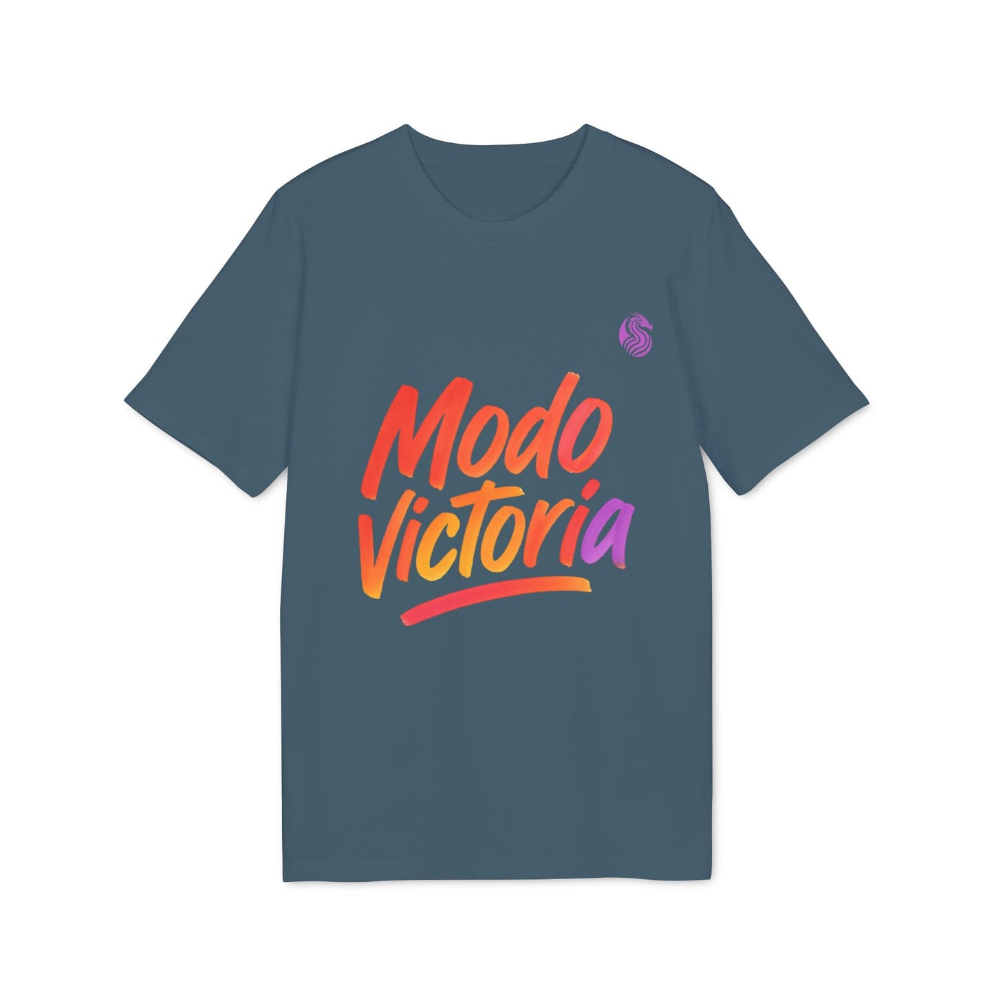 Alt Tag: Modo Victoria Teenager Drix Premium Unisex T-Shirt azul con estampado tipográfico “Modo Victoria” degradado en el frente
