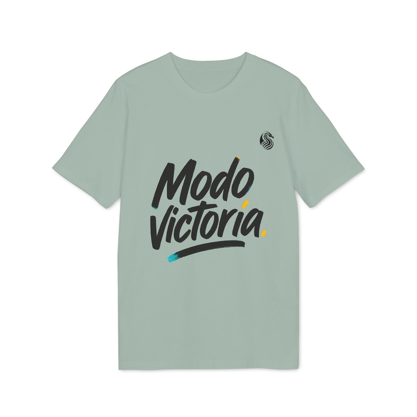 Alt Tag: Modo Victoria Teenager Drix Premium Unisex T-Shirt in light green with “Modo Victoria” script graphic on front