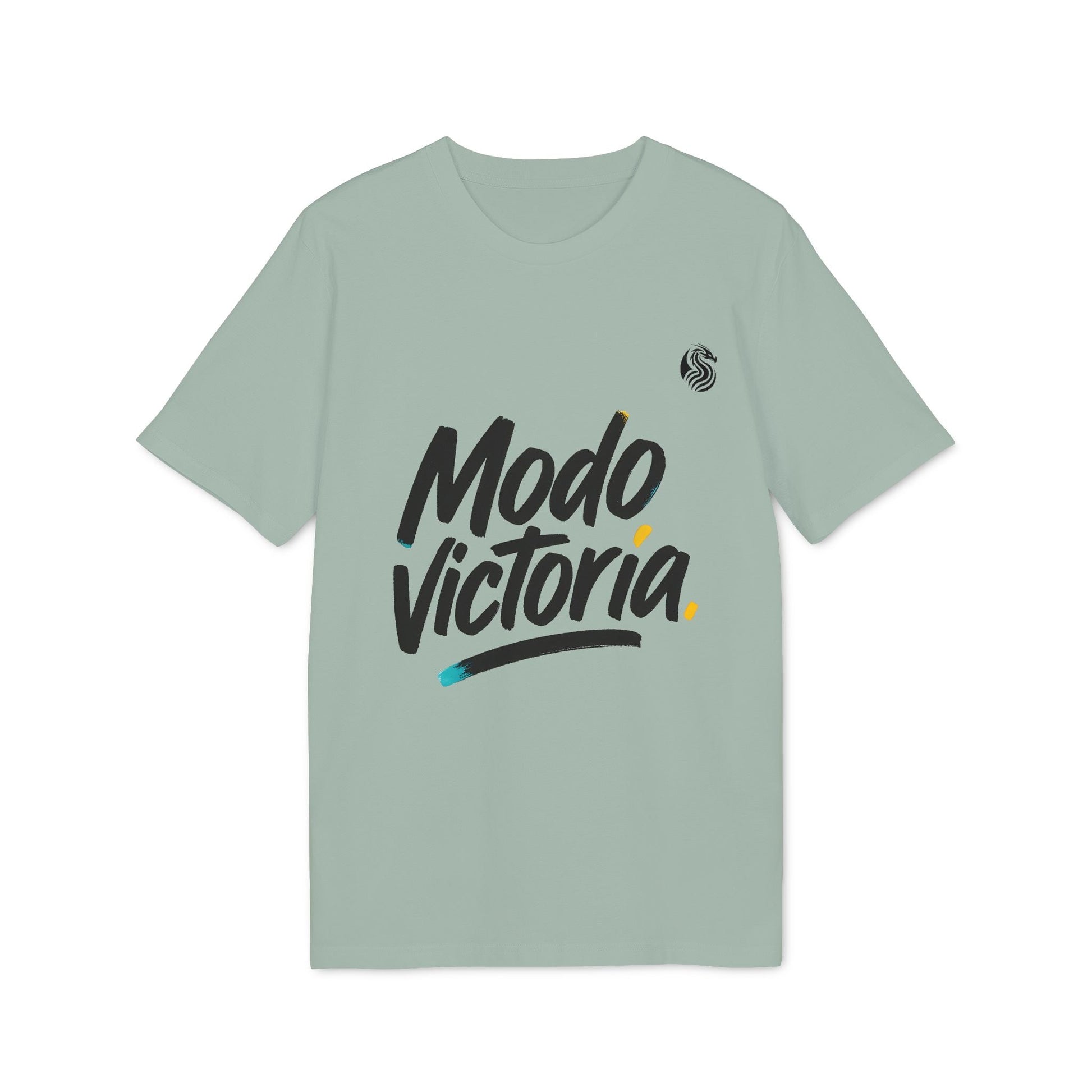 Alt Tag: Modo Victoria Teenager Drix Premium Unisex T-Shirt in light green with “Modo Victoria” script graphic on front