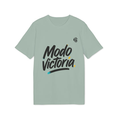 Alt Tag: Modo Victoria Teenager Drix Premium Unisex T-Shirt in light green with “Modo Victoria” script graphic on front
