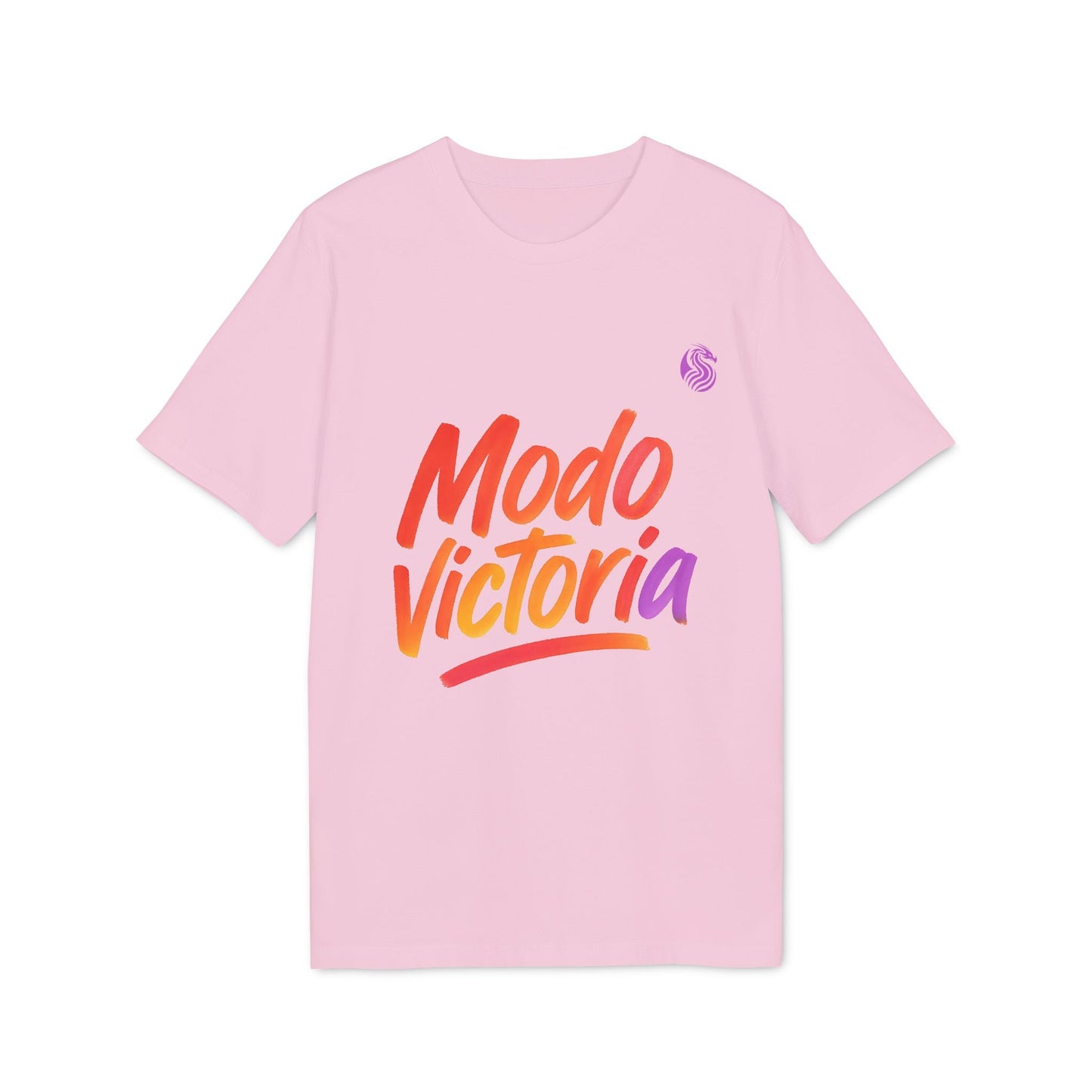 Alt Tag: Modo Victoria Teenager Drix Premium Unisex T-Shirt pink crew neck tee with Modo Victoria gradient logo print