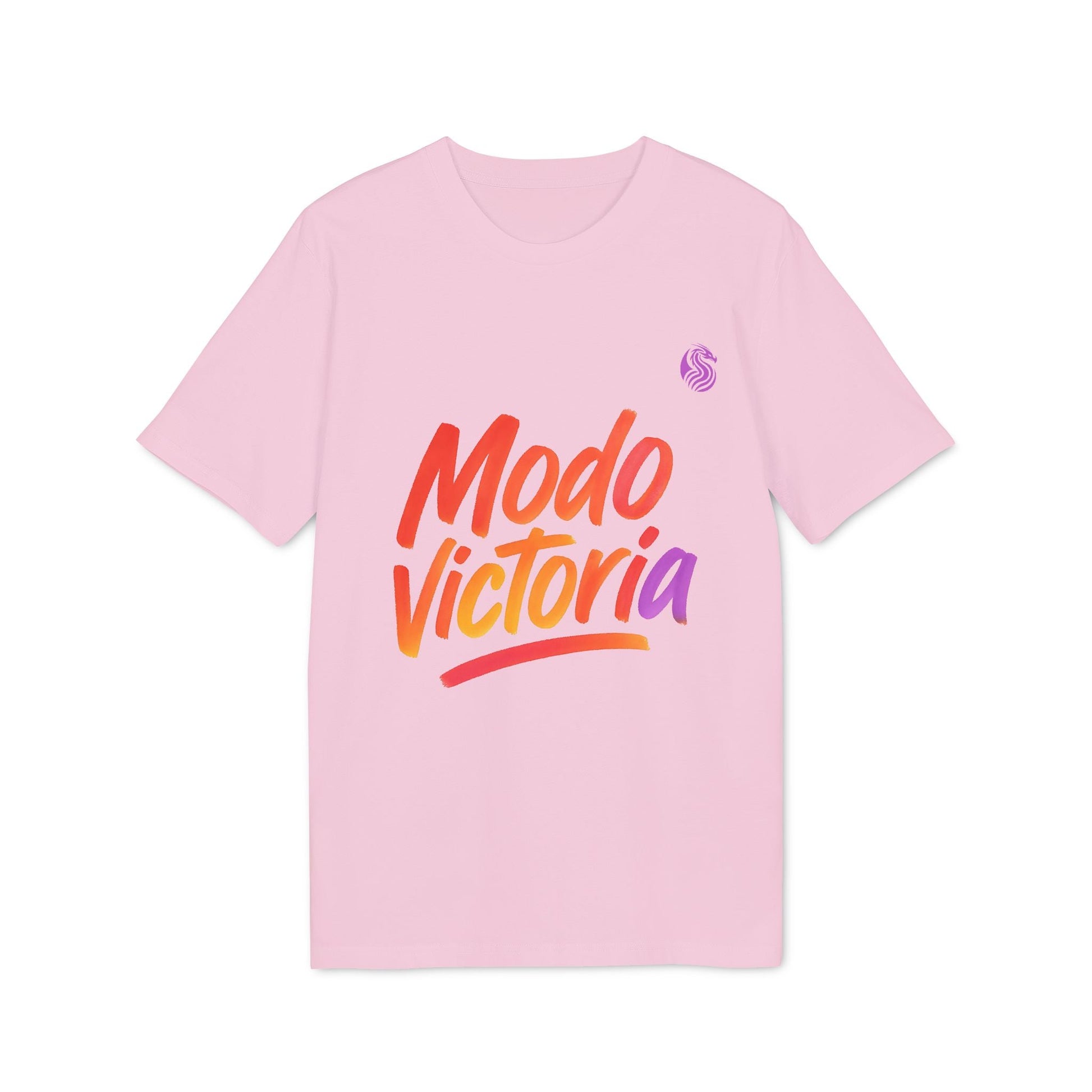 Alt Tag: Modo Victoria Teenager Drix Premium Unisex T-Shirt pink crew neck tee with Modo Victoria gradient logo print
