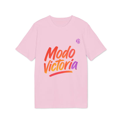 Alt Tag: Modo Victoria Teenager Drix Premium Unisex T-Shirt pink crew neck tee with Modo Victoria gradient logo print