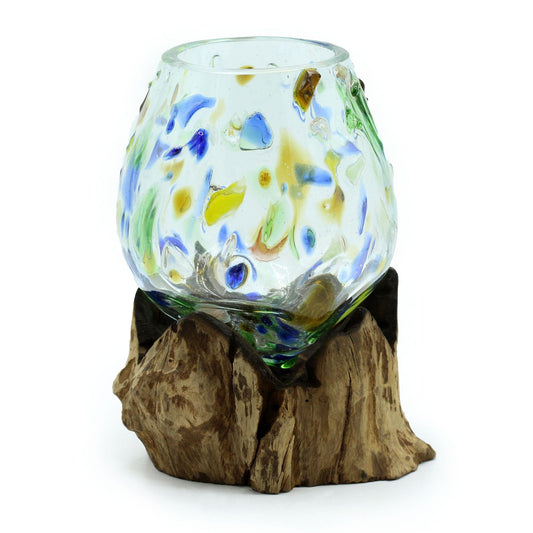 Molten Coloured Glass on Wood – Medium Bowl handmade blown glass with blue green accents set on natural wood base