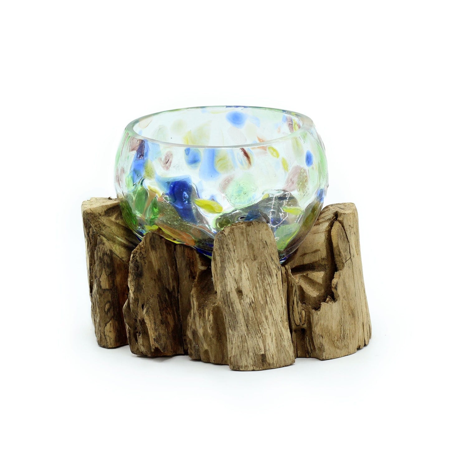 Vidrio coloreado fundido sobre madera – Bol pequeño, bol de vidrio soplado a mano con moteado sobre base de madera natural recuperada