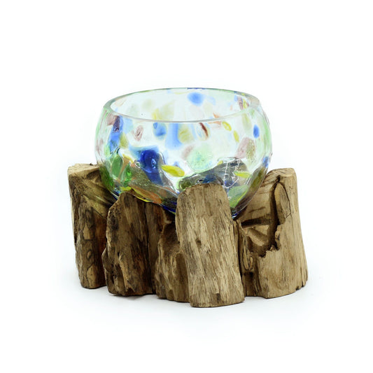 Molten Coloured Glass on Wood – Small Bowl, hand-blown speckled glass bowl resting on reclaimed natural wood base