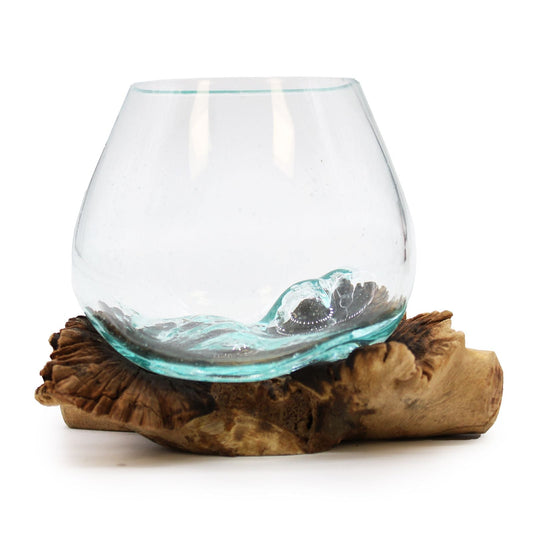 Molten Glass on Rare Parasite Wood clear hand-blown glass bowl sculpture on reclaimed parasite wood base