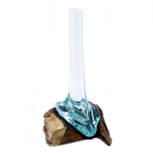 Molten Glass on Wood – Vase, clear blue glass vase fused to reclaimed wood base, handmade artisan decor