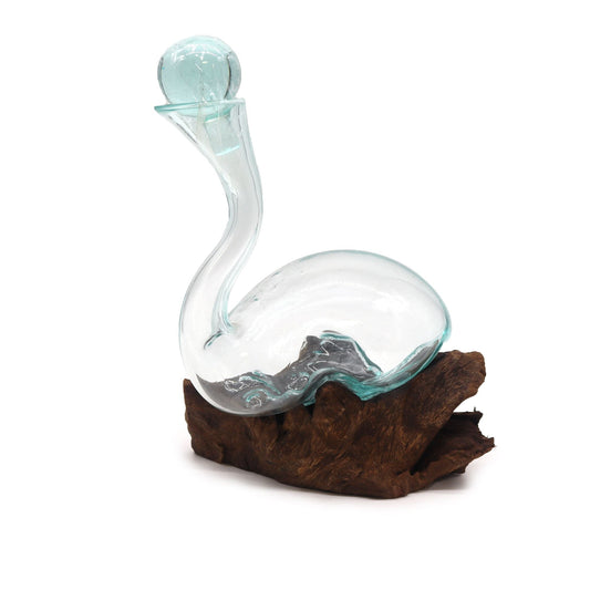 Alt Tag: Molten Glass on Wood – Glass Decanter, hand-blown clear glass decanter with stopper on natural wood base