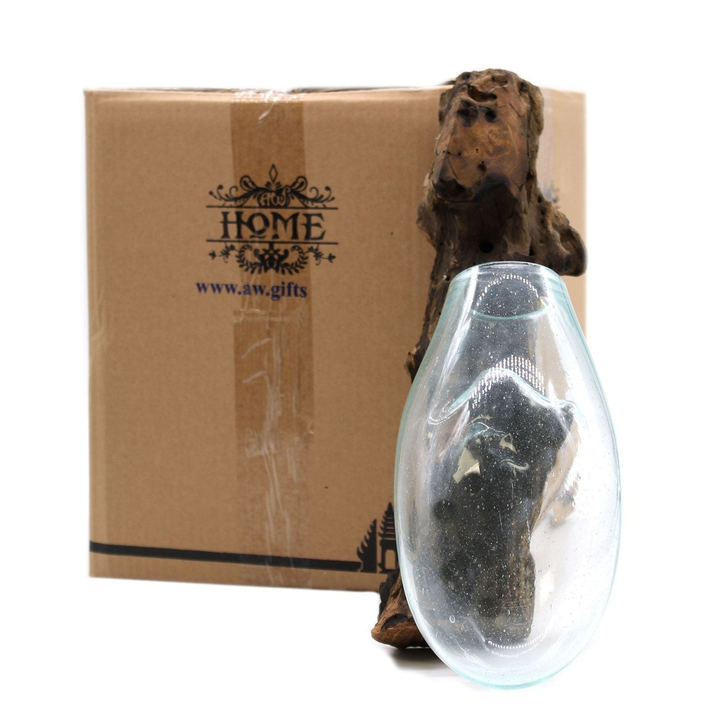 Molten Glass on Wood – Hängande skål med transparent glas format på en bas av naturligt trä, tillsammans med förpackningslåda
