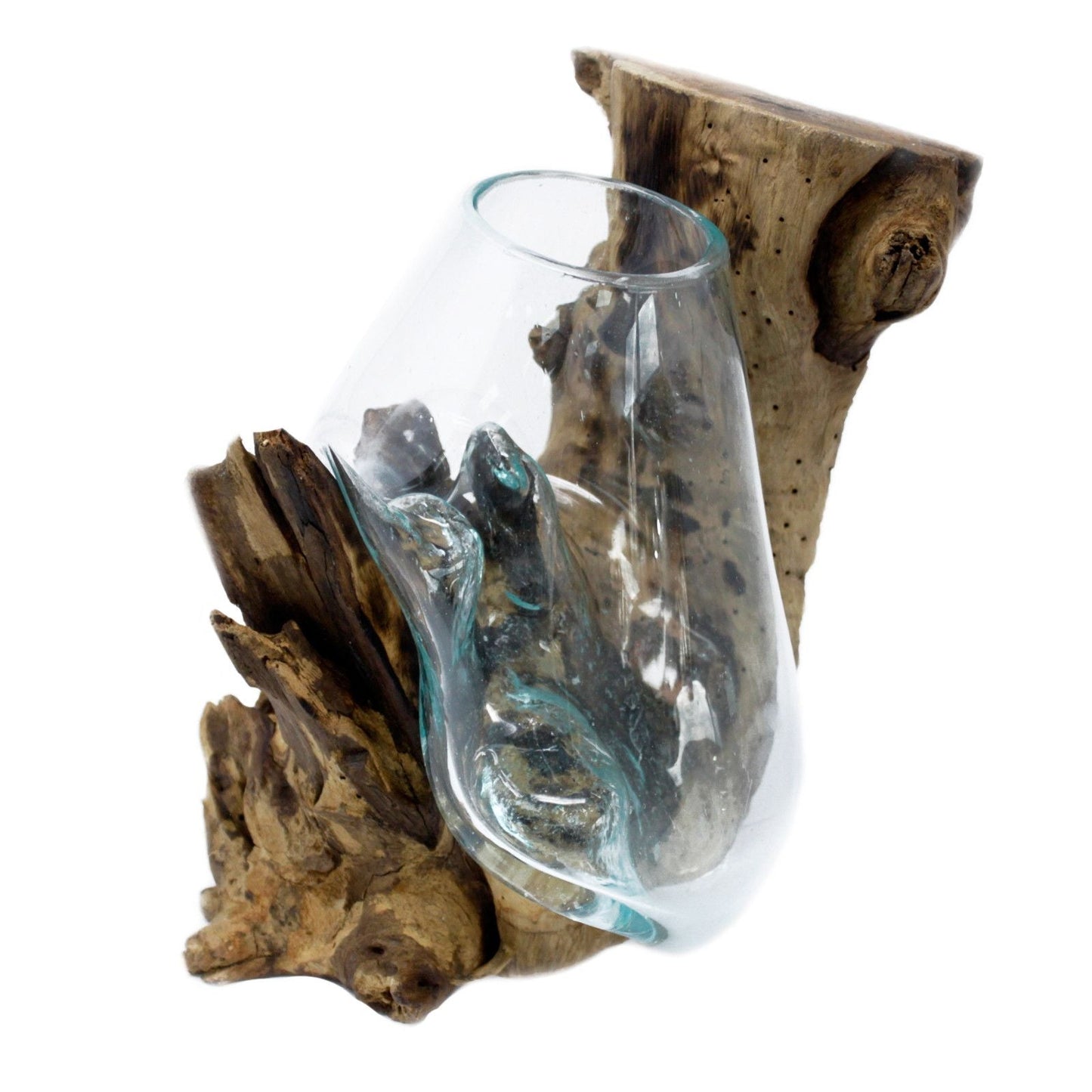Molten Glass on Wood – hängande skål, klart handblåst glas format över en naturlig gamal träbas, handgjord Bali-dekor