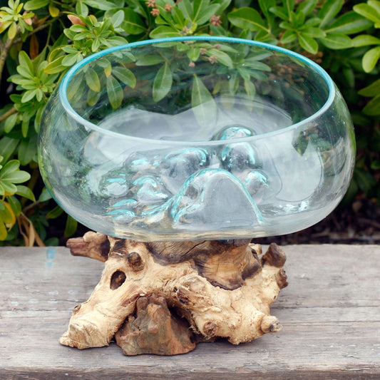 Alt Tag: Molten Glass on Wood – Open Large Bowl clear glass centerpiece on reclaimed natural wood base, handcrafted open bowl