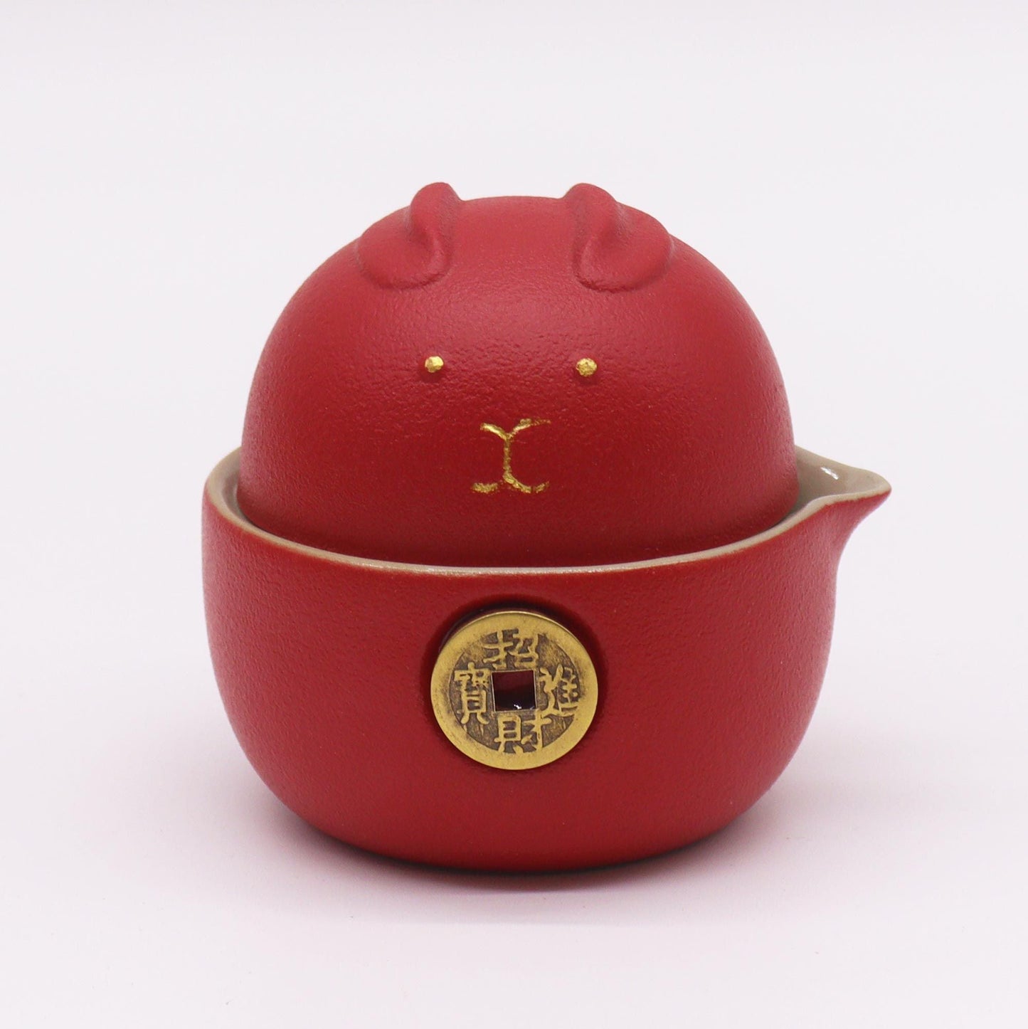 Alt Tag: Money Cat Teapot Set – Two Cups – Travel Pack – Red, red ceramic maneki neko cat teapot with coin detail, compact travel tea set