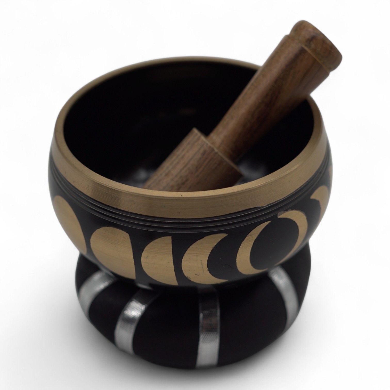 Moon Phase Singing Bowl Set – Black 10.7 CM matte black singing bowl with gold moon phase design, wooden mallet and cushion